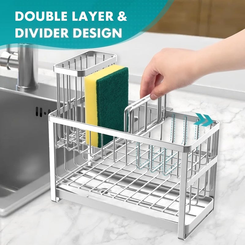 Sinnsally Kitchen Sponge Holder,2 Tier Sink Caddy Organizer with High Brush Holder,Stainless Steel Sink Box Dish Scrubber Holder,Soap Tray for Kitchen Counter Accessories & Storage Rack (Silver) - Image 4